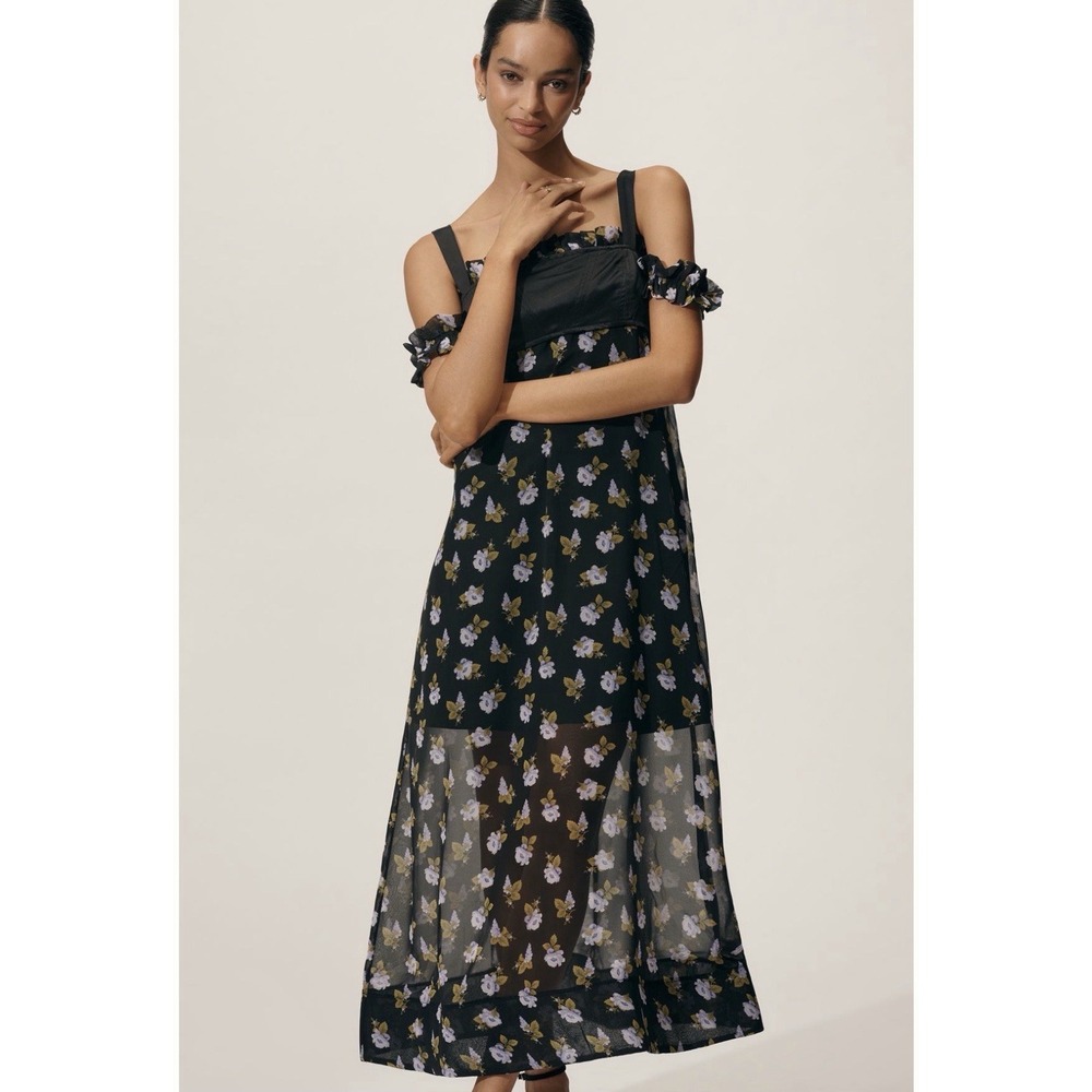 MAEVE By Anthropologie Square-Neck Sheer Floral Midi Maxi Dress Size XS $178 USD